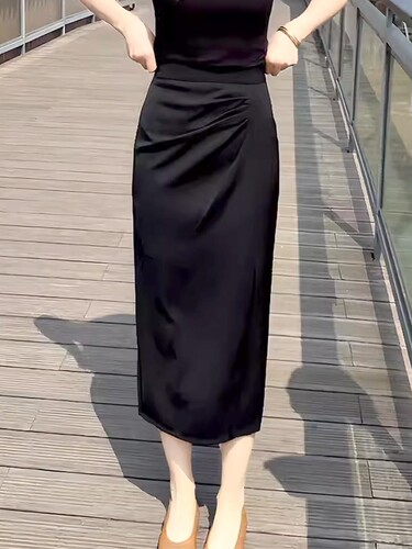 高腰侧开叉包臀半身裙女2025