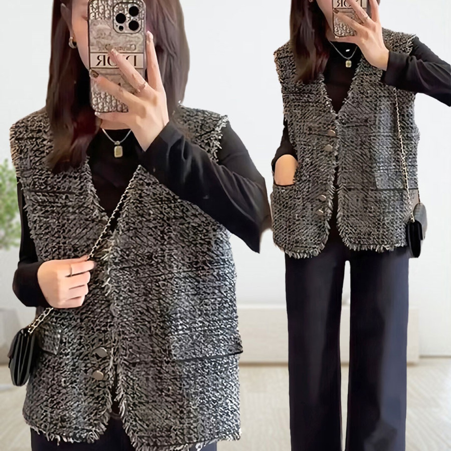 欧货小香风格子马甲女外套