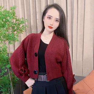 短款 宽松灯笼袖 外搭气质毛衣 外套女2025秋冬新款 安哥拉红针织开衫