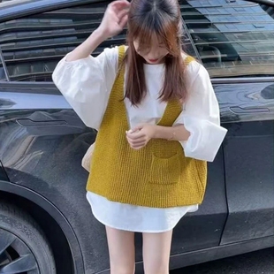 新款 叠穿针织马甲两件套女2025秋冬装 气质减龄背心一整套 衬衫 长袖