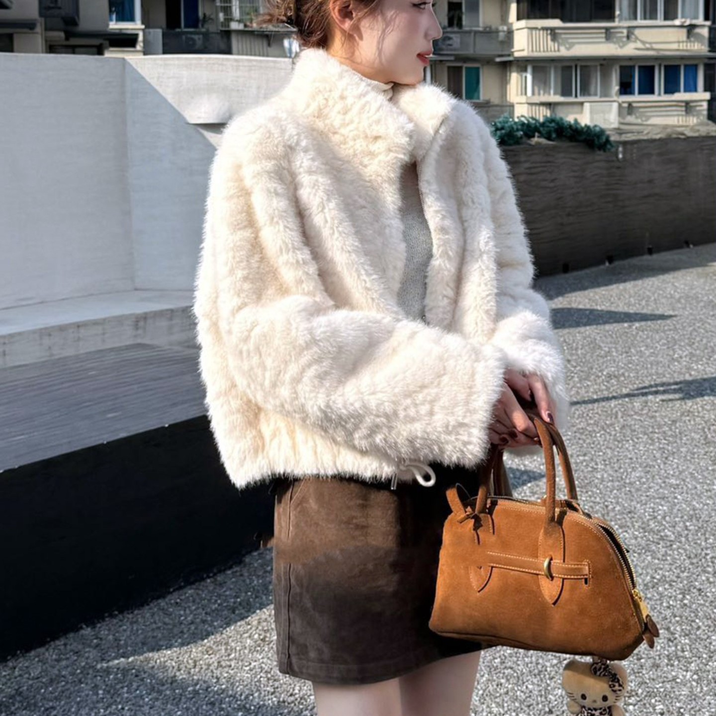 环保皮草立领短外套女冬季2025