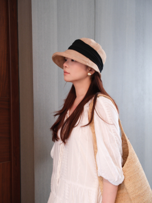 亚麻拼色贴布大沿渔夫帽女士春夏新款时尚高级感轻奢防晒遮阳帽子