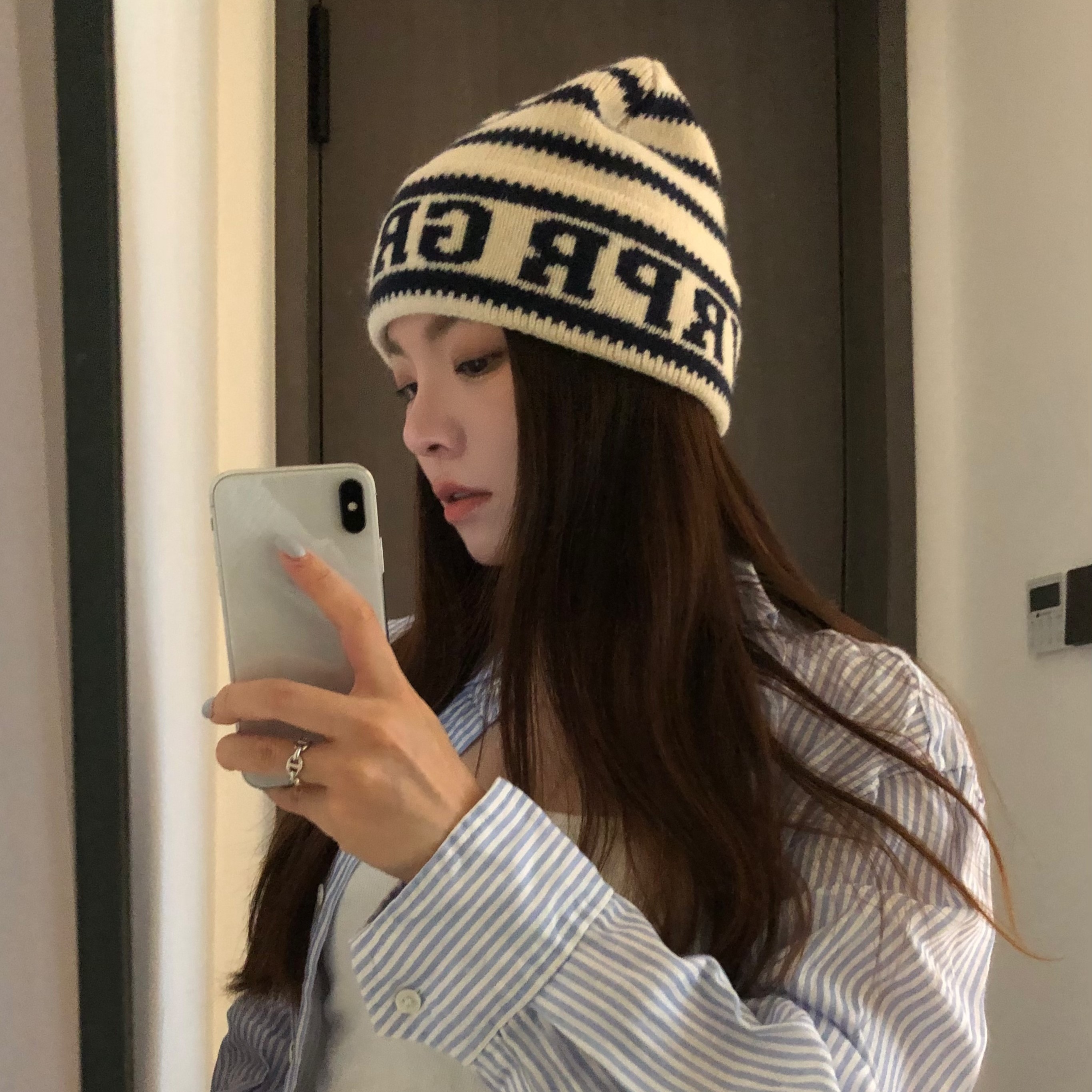 条纹针织帽日常休闲韩风女秋冬