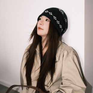 秋冬女款薄款针织拼花毛线帽异域韩系百搭休闲冷帽羊毛堆堆帽大头
