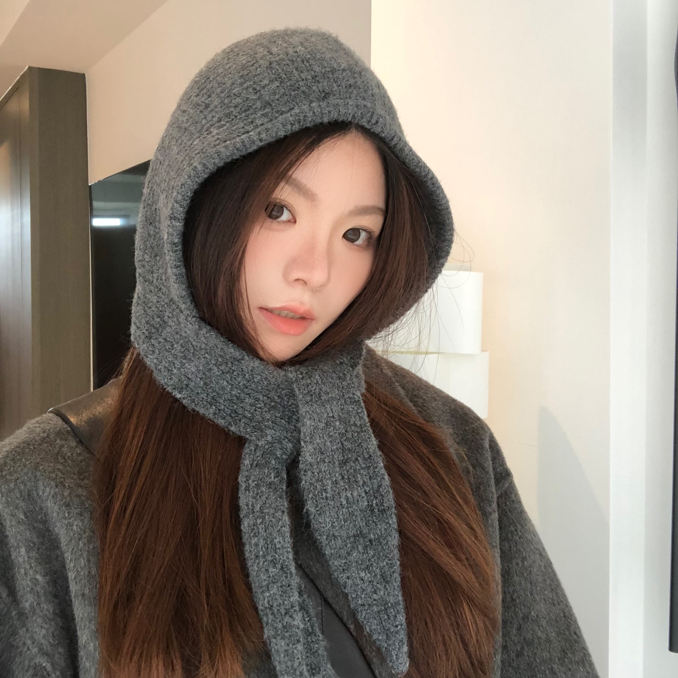 圣诞新年红色帽子围脖一体秋冬系带针织帽巴拉克法毛线帽保暖护耳