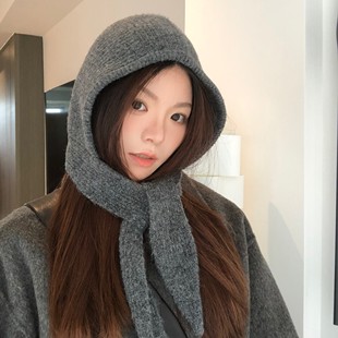 圣诞新年红色帽子围脖一体秋冬系带针织帽巴拉克法毛线帽保暖护耳