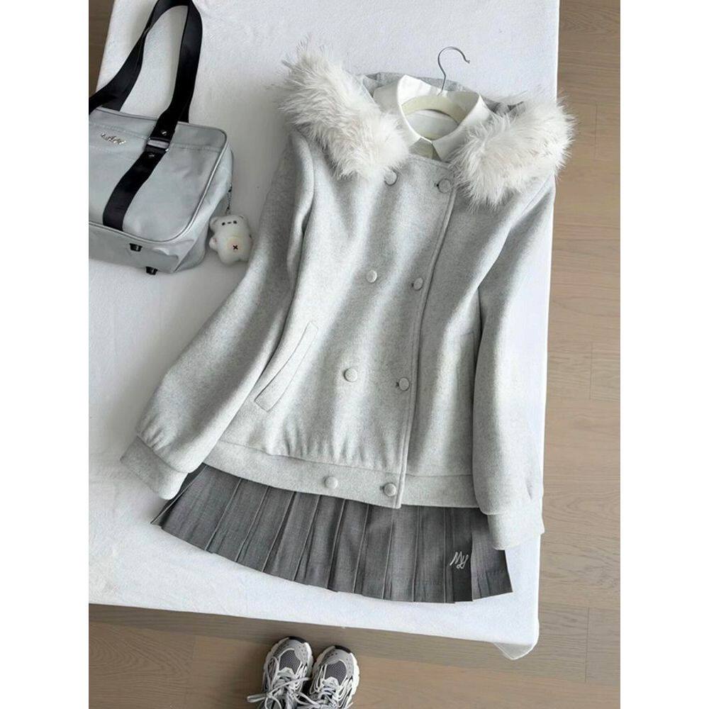 雪落时分 日系学院jk制服套装卫衣双排扣休闲外套灰色百褶裙套装