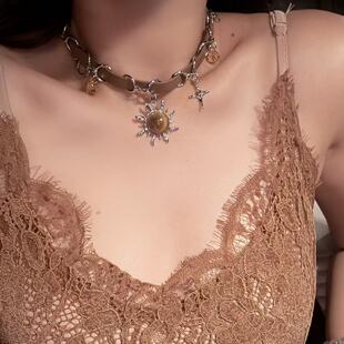 美拉德棕色炽烈太阳星芒项链项圈小众设计高级感复古辣妹颈链男女
