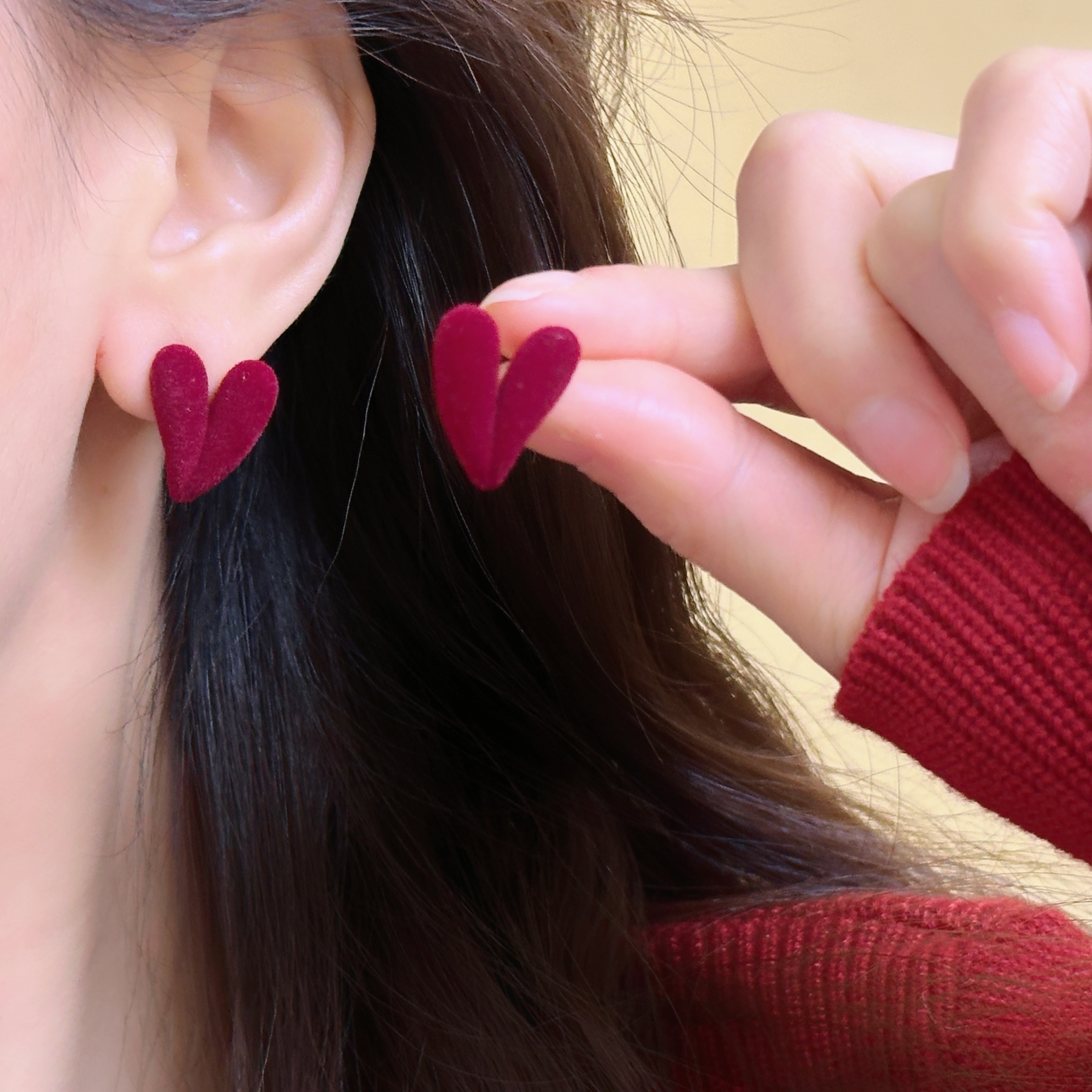 新年红色秋冬法式植绒爱心耳环耳钉女轻奢高级感大气独特绝美耳夹