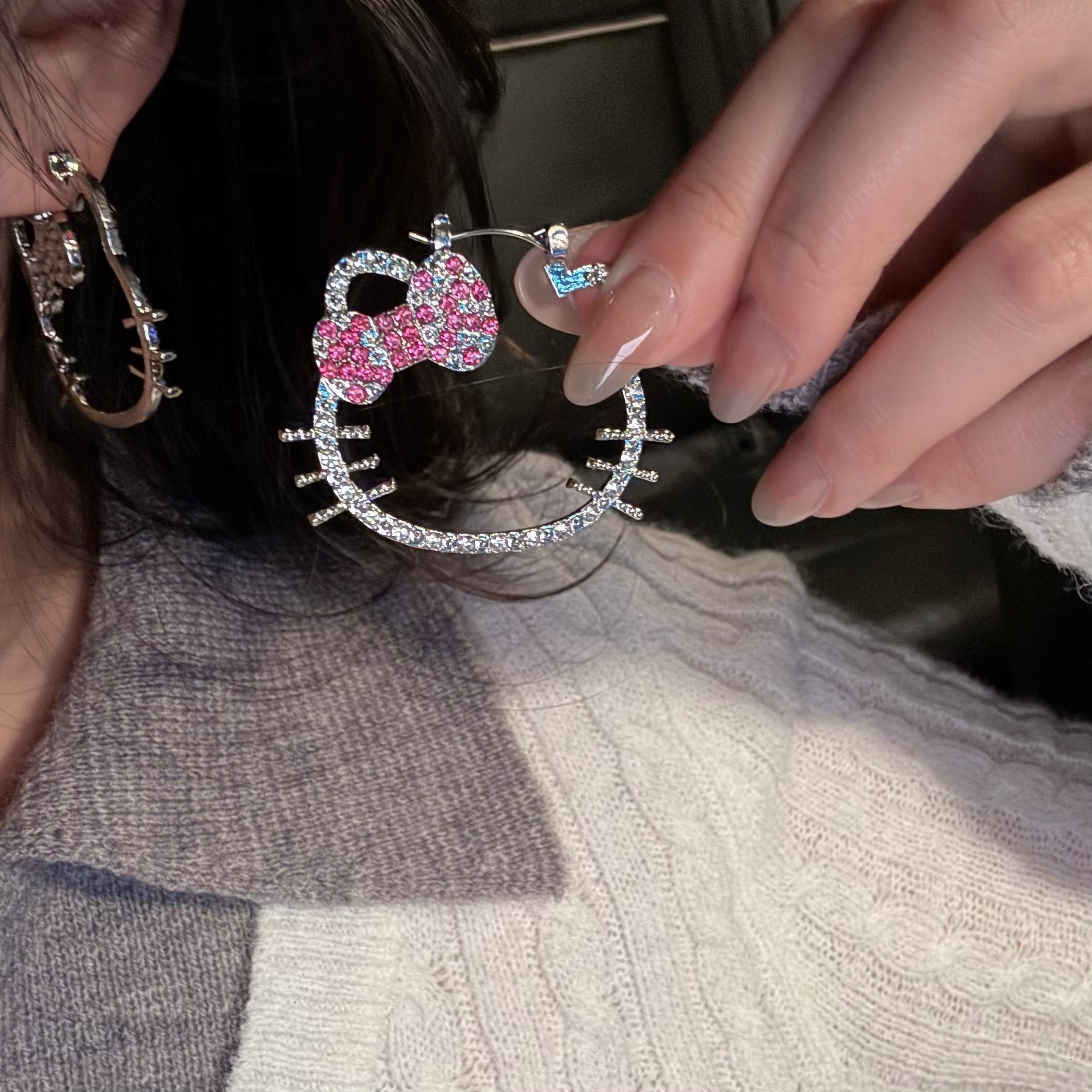 复古满钻可爱猫咪耳圈女夸张个性设计高级感耳环甜酷辣妹气质耳饰