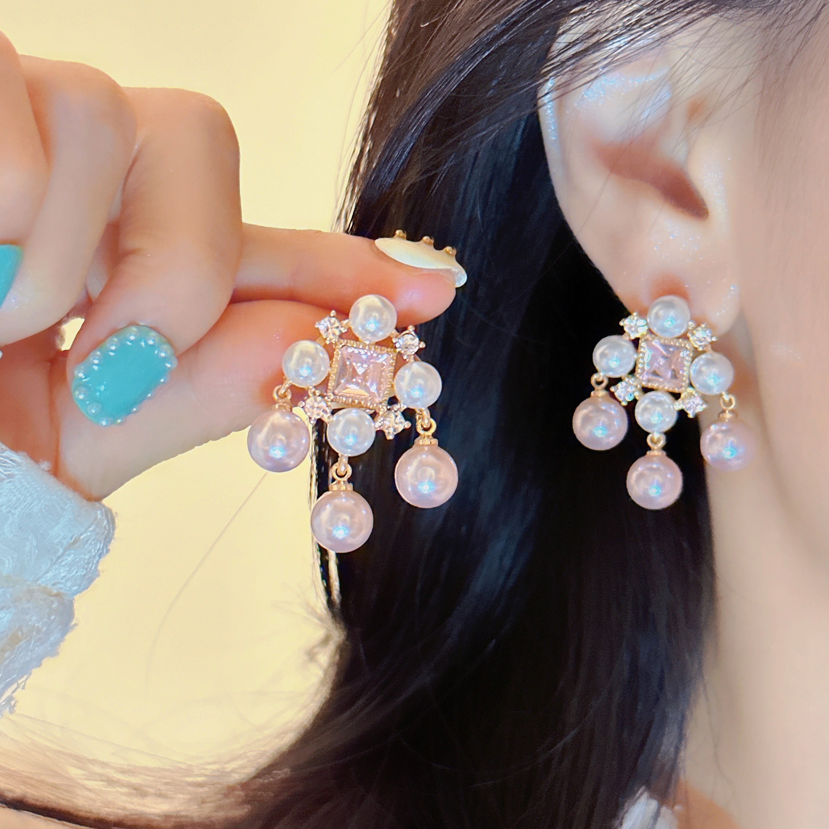 气质名媛珍珠流苏耳环方形锆石轻奢复古宫廷高级感圆脸耳饰女耳夹