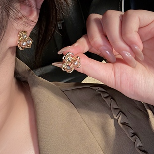 法式复古美拉德香槟色锆石珍珠耳钉女2026新款潮莺尾花精致耳环