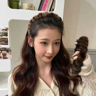 秋冬时髦豹纹毛绒高颅顶波浪发箍女高级感发饰女时尚洗脸头箍发卡