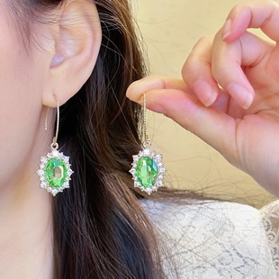 中古风耳饰复古vintage优雅气质耳环女椭圆绿色锆石小众夸张耳夹