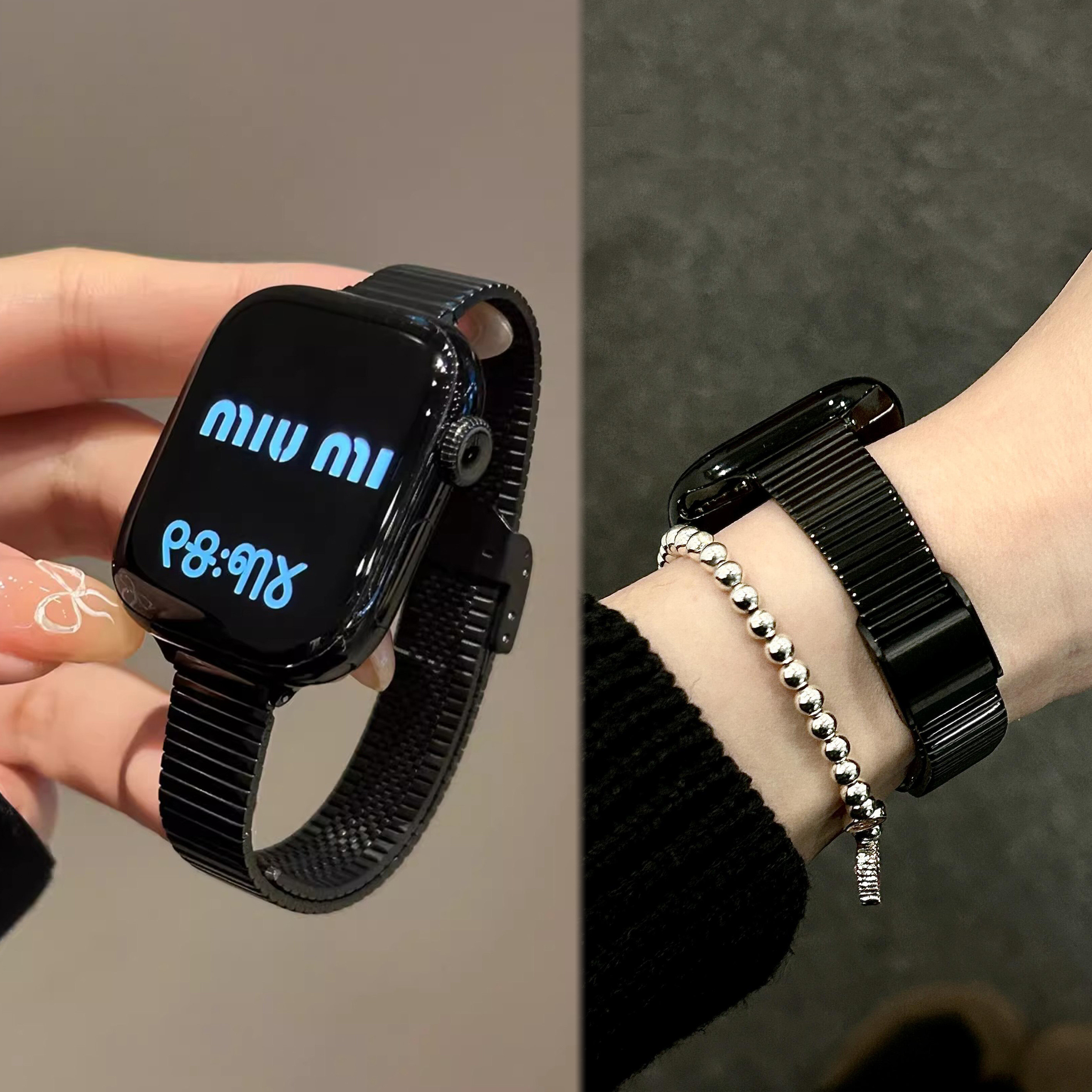 适用华为FIT5苹果iwatchS11新款细钢链金属卡扣表带s1098高级夏天