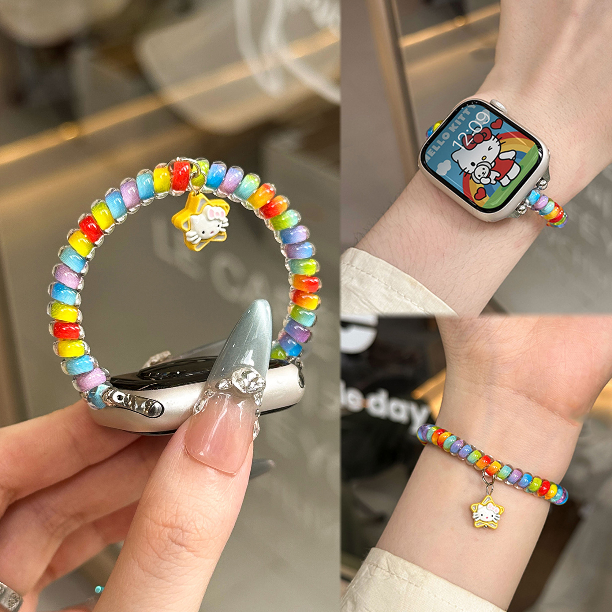 KT猫彩色皮筋电话绳iwatchS11表带适用苹果s10华为Fit4/3小米9Pro