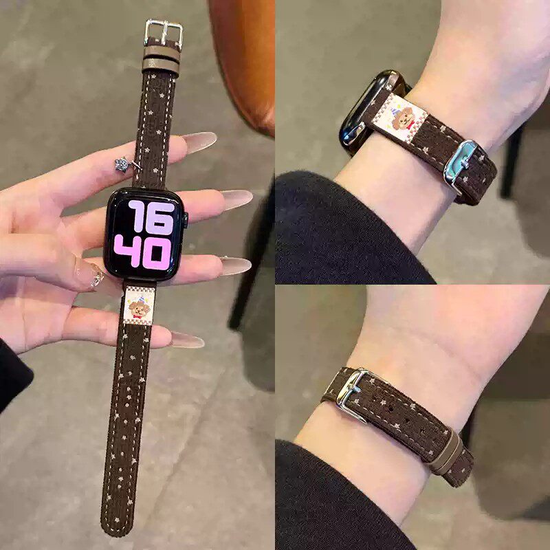 适用苹果S12秋冬星星吊坠小熊灯芯绒表带iWatchS11S109se华为FIT5