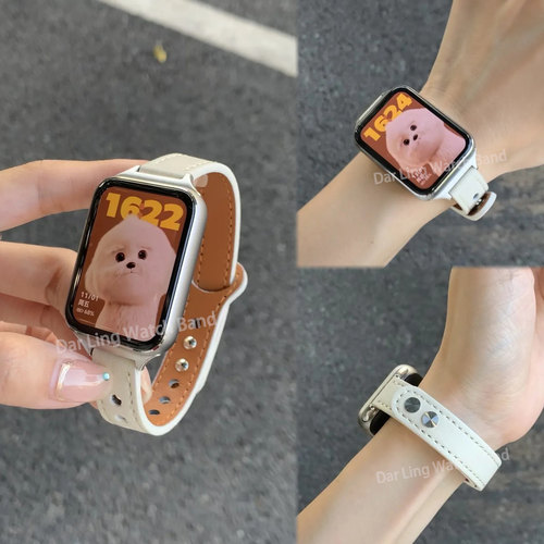 适用小米手环9Pro气质双钉扣表带8Pro皮质舒适华为FIT5红米watch6