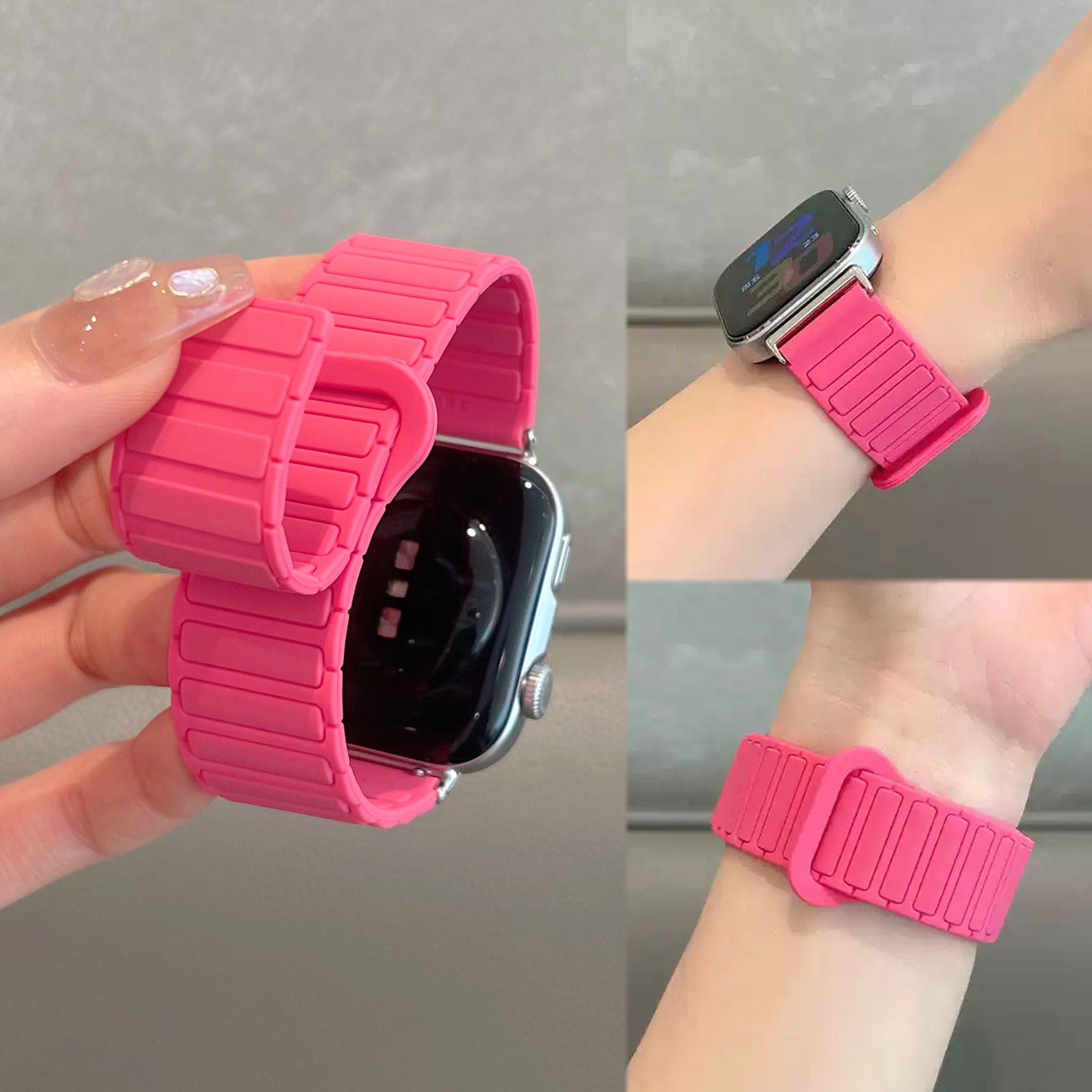 适用苹果S11新款牡丹色三株硅胶磁吸表带iwatchs1098华为FIT5Fit4