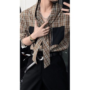 春夏新品小众设计感连帽系带衬衫男女拼接格纹短袖长袖高级衬衣潮
