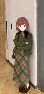 T恤女秋季 外套长袖 包臀半身裙三件套 绿色小香风西装 气质套装