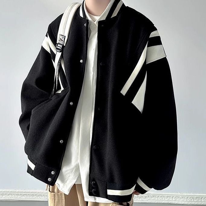 拼色百搭高街棒球服男款春秋季美式复古男生外套百搭痞帅飞行夹克