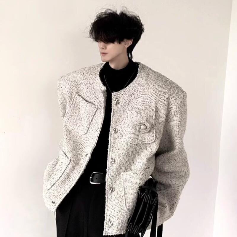 粗花呢玫瑰胸针白色垫肩小香风外套男冬季加厚高级感夹克