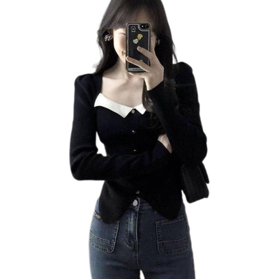 2025新款法式方领毛衣女秋冬高级感内搭修身显瘦针织打底衫上衣