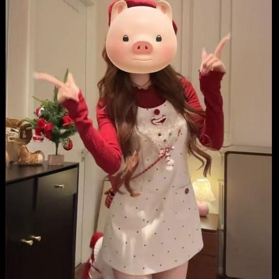 甜美元旦圣诞约会波点无袖连衣裙女秋冬季红色打底衫上衣两件套装