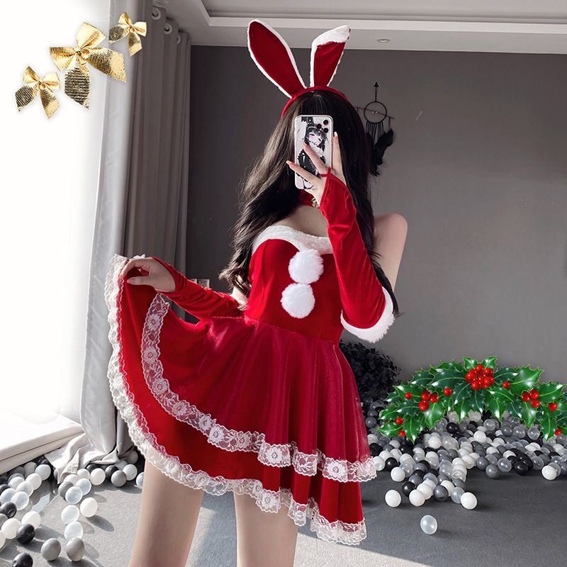 甜美圣诞节服饰女装穿搭圣诞制服抹胸丝绒连衣裙子氛围感套装