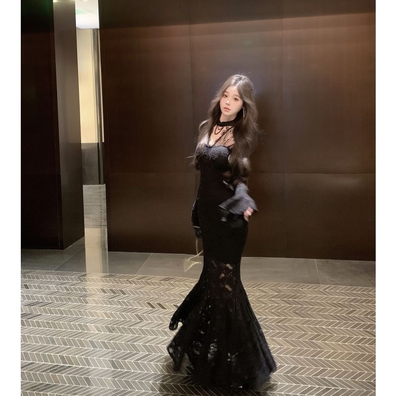 气质名媛修身显瘦中式蕾丝连衣裙女装秋季收腰包臀喇叭袖鱼尾长裙