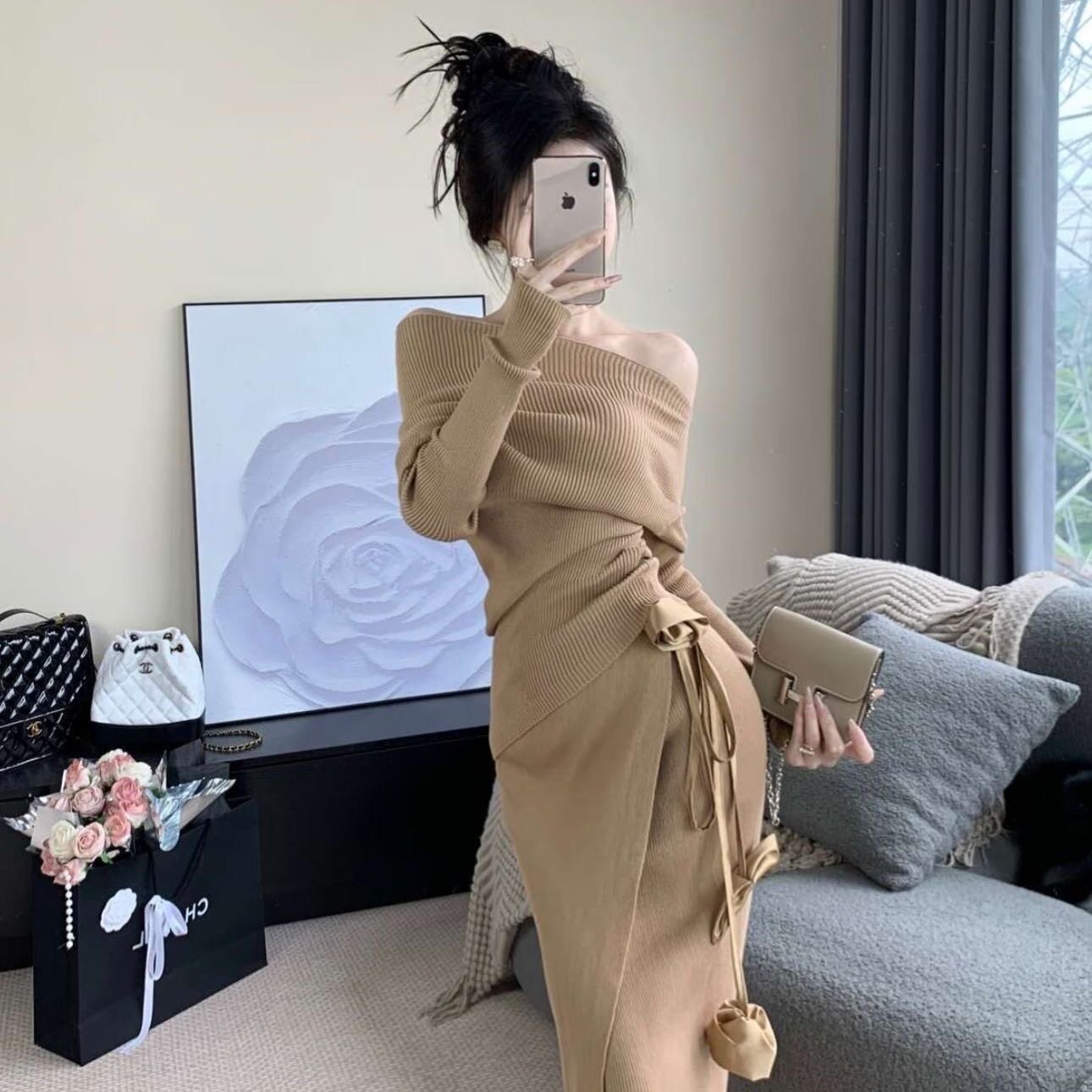 秋冬辣妹不规则设计感针织套装女温柔性感一字肩毛衣慵懒高腰长裙