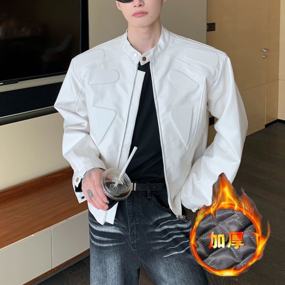 小众结构设计高级感机车皮夹克外套男炸街垫肩皮衣夹棉加厚皮棉衣