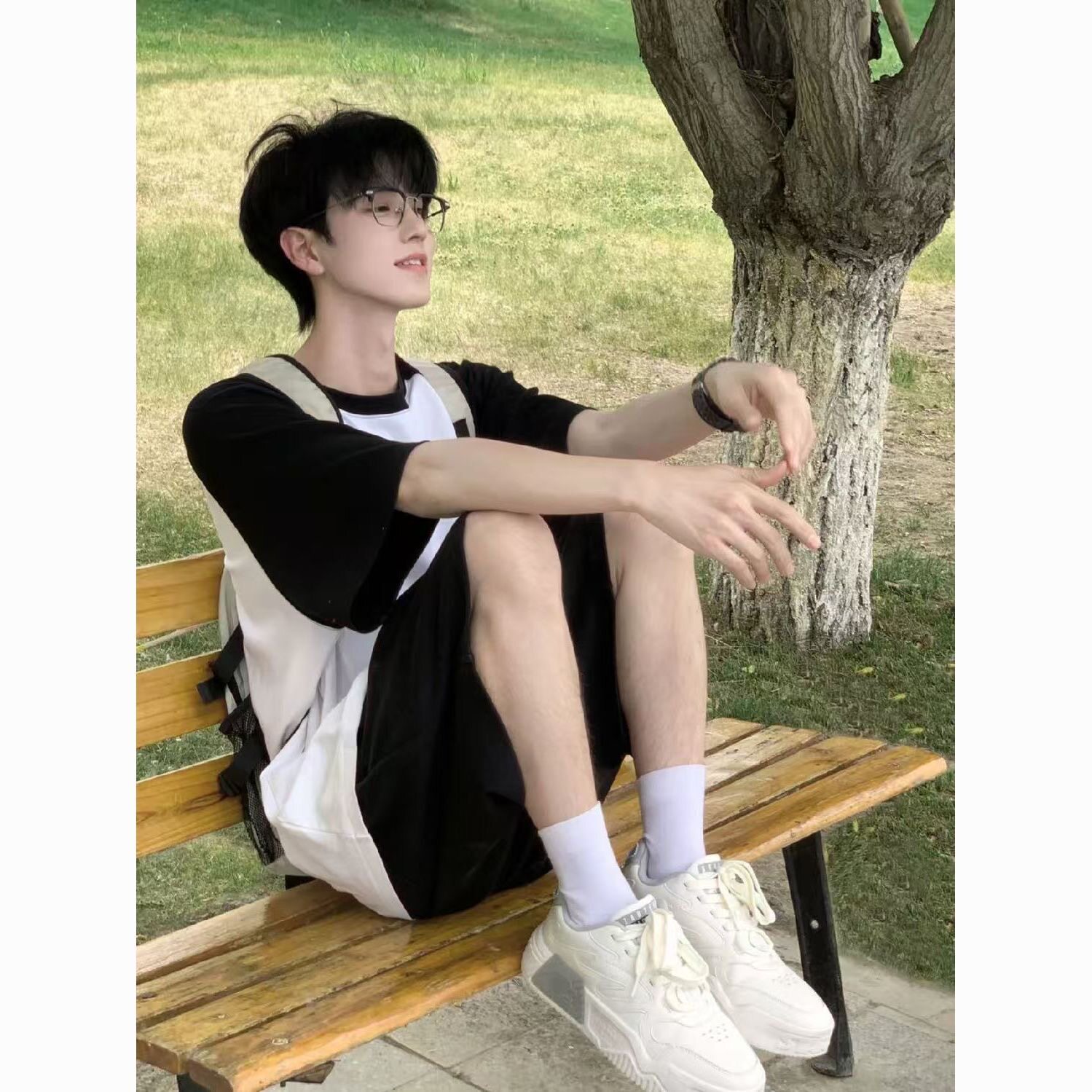 短袖短裤休闲套装男夏季潮牌宽松纯棉t恤男装一套搭配帅气穿搭