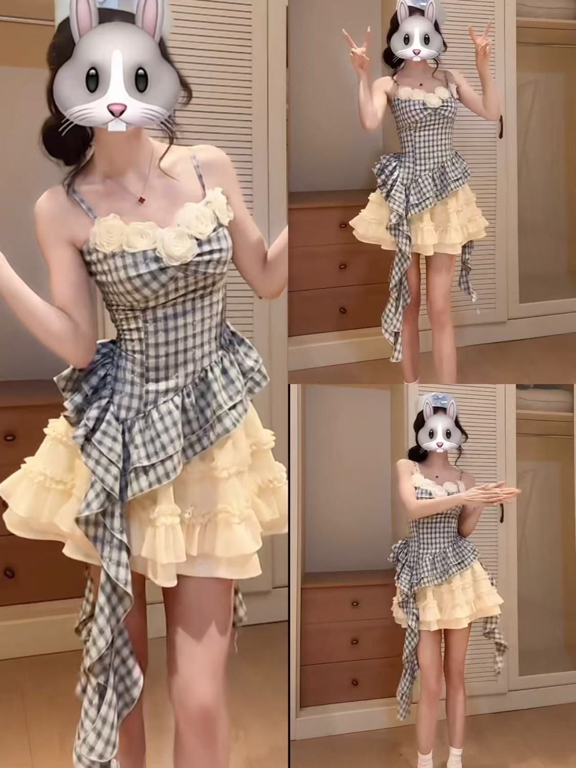 现货法式甜美不规则蓝色格纹花朵吊带网纱蕾丝半裙原创