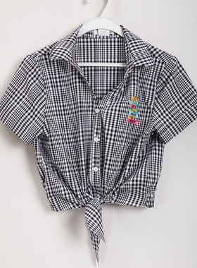 朵以夏装特价时尚百搭短款格子衬衫纯棉上衣青春甜美34DX121109