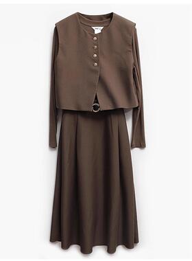 朵以2024秋季新款时尚气质马甲针织拼接连衣裙两件套装39BQ831059