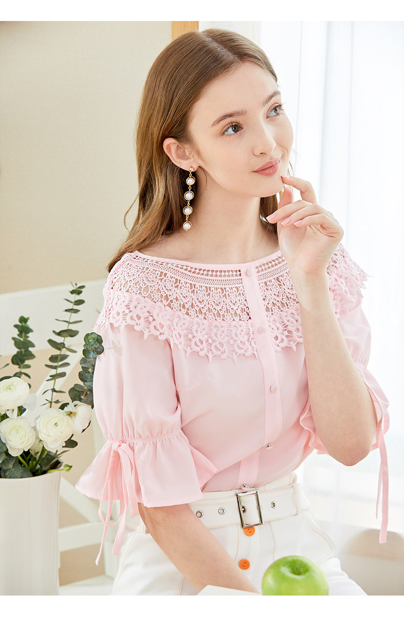 朵以正品夏装新款甜美清新气质蕾丝雪纺衫上衣短袖中袖34dx111123