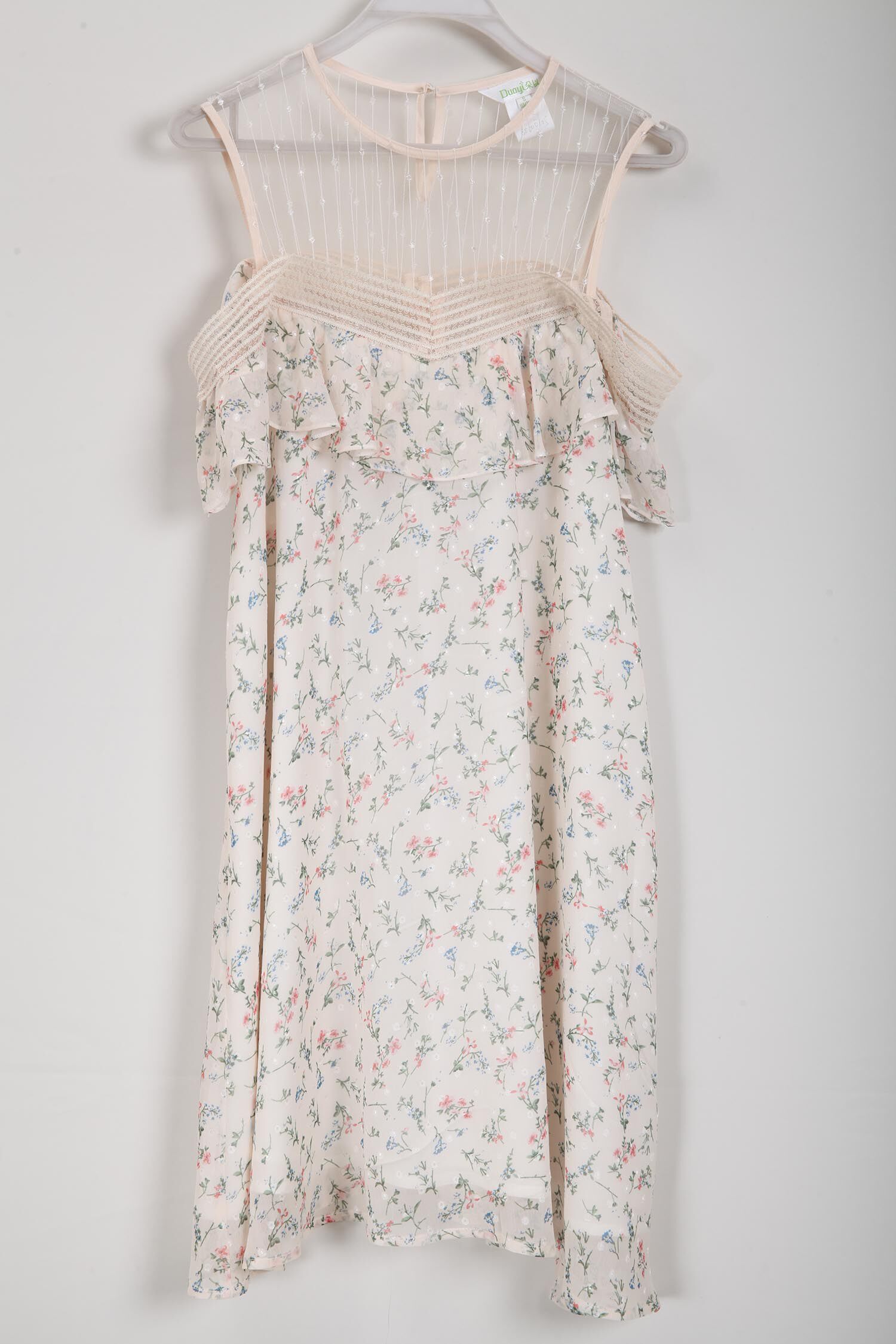 朵以新款夏装清新甜美气质碎花网纱雪纺连衣裙露肩收腰34dx806007