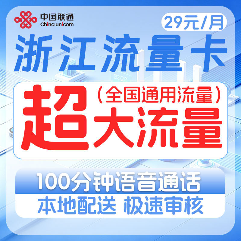 中国联通浙江地区大流量卡5G上网手机卡流量王畅享卡全国通用套餐