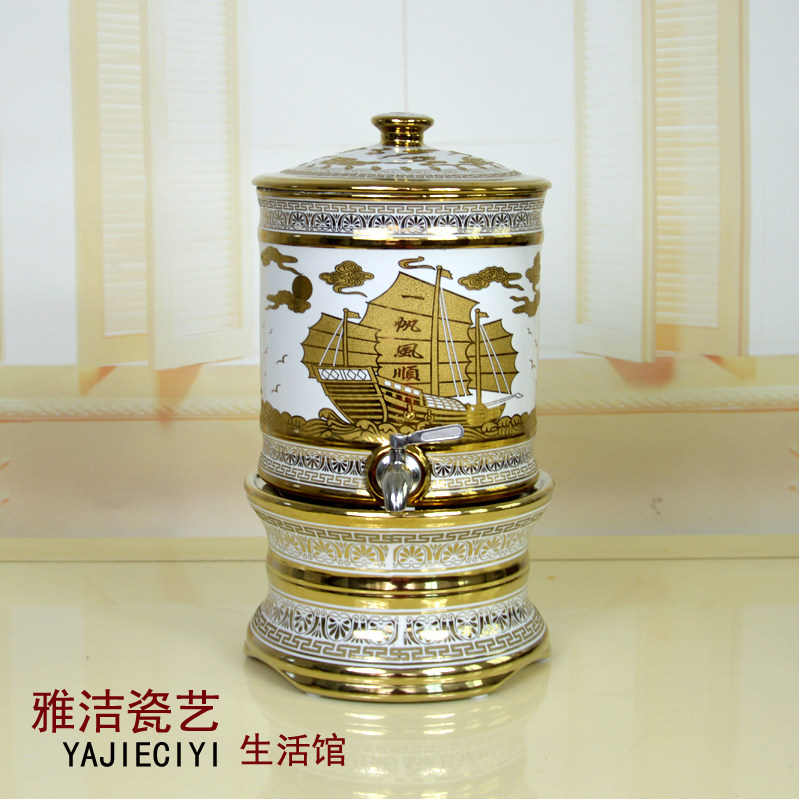 冷水缸陶瓷镀金储水罐陶瓷小水缸饮水机酒罐酒缸蓄水罐8升防爆