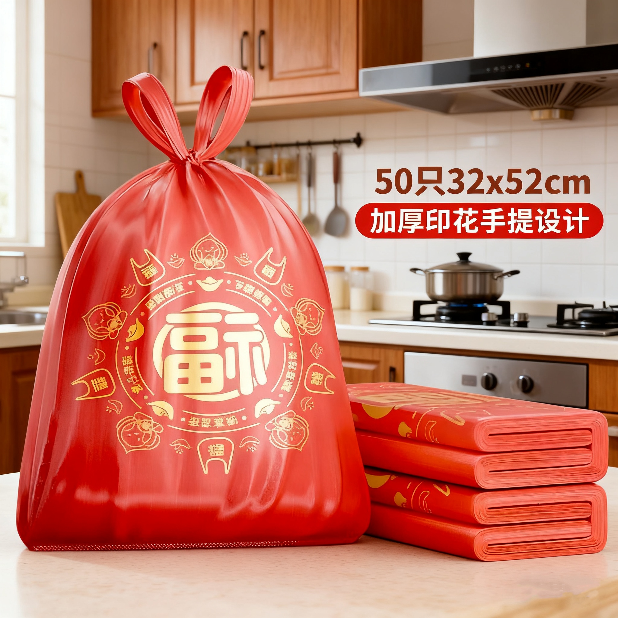 加厚手提垃圾袋印花红色加厚家用厨房客厅办公室宿舍用把装清洁袋