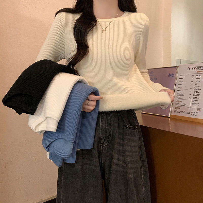 OUNI新款加绒加厚针织打底毛衣女