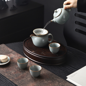 带盘旅行汝窑茶具一壶三杯