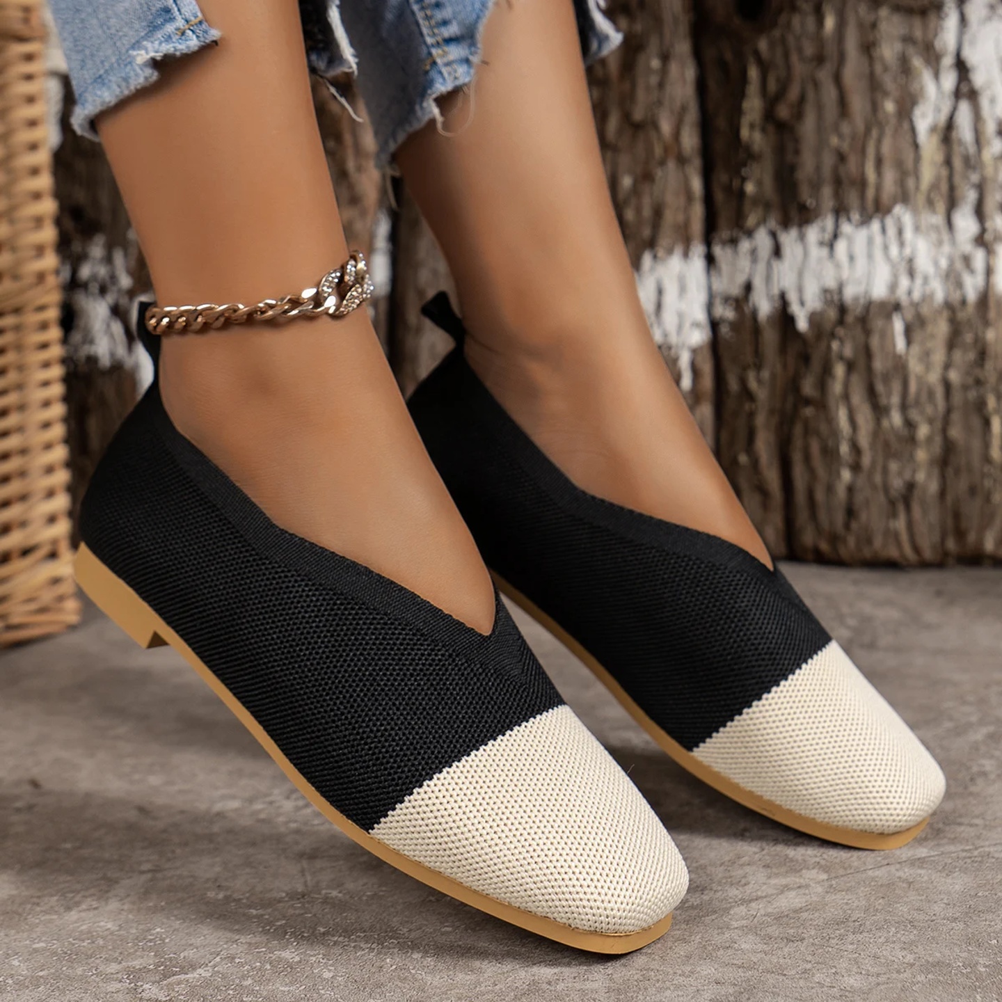 Women Flat Shoes New Patchwork Ballet Loafers Women Square