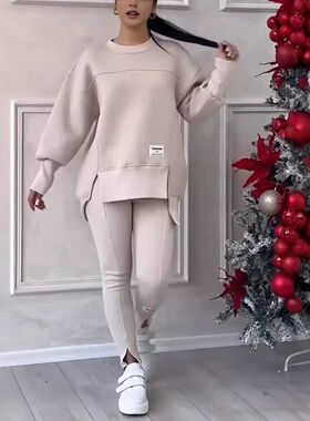 2pcs Women Sport Suit Hoodie Sweatshirt Winter Loose Irregul