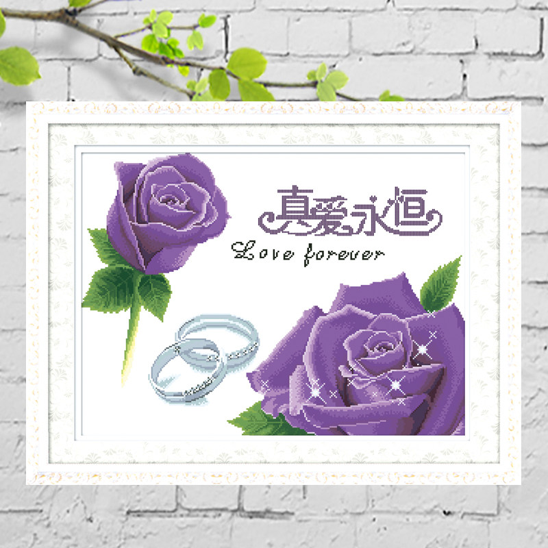 印花十字绣玫瑰花卉真爱永恒蓝色十字绣套件