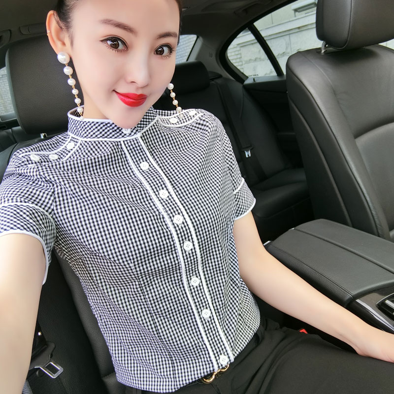2018秋季新款立領格子襯衫女韓版修身顯瘦上衣時尚小清新短袖襯衣