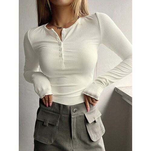 Women's Plain Half Button Front Ribbed Tee,Top, Casual Fit L