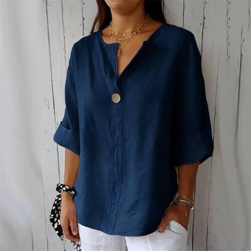 Summer Cotton Linen Blouses For Women Plus Size V-Neck Butto